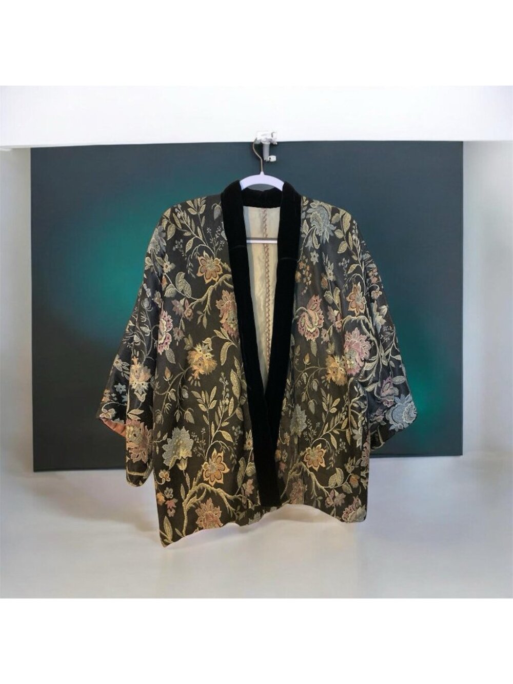 VTG Men Unisex 50s Brocade Chinese Floral Print Smoking Jacket Kimono Sz XL/XXL
